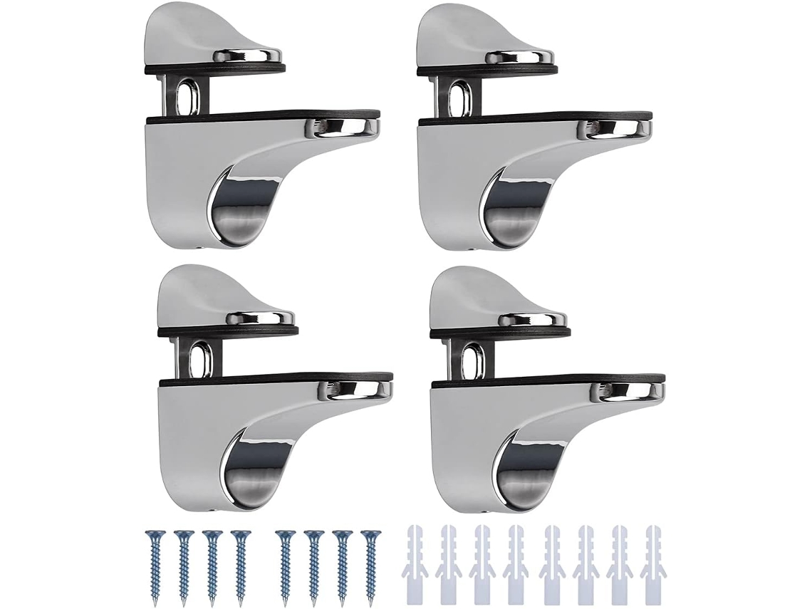 4 soportes ajustables para estantes de vidrio, de aleación de zinc brillante, para baño, para vidrio y madera de 3 x 20 mm.
