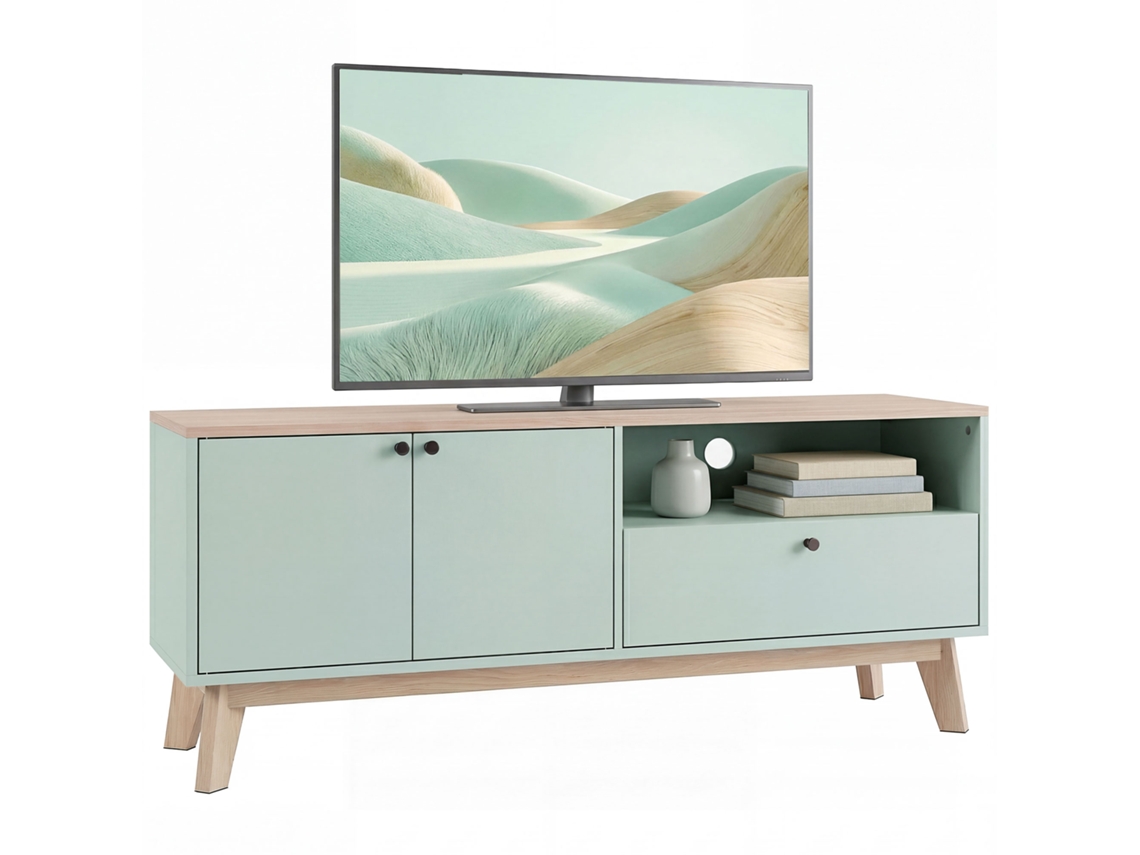 Mueble Para Tv De 120 Cm, Para Televisores De Hasta 36 Pulgadas, Con 2 Puertas, Cajón Y Compartimento Abierto, Color Verde Claro.