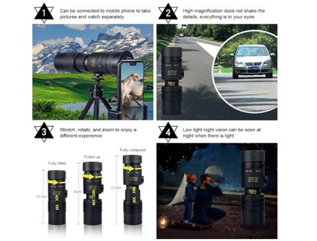 Telescopio monocular con zoom superteleobjetivo 4K 10-300X40Mm, telescopio supermonocular para teléfono inteligente (negro) CHRONUS