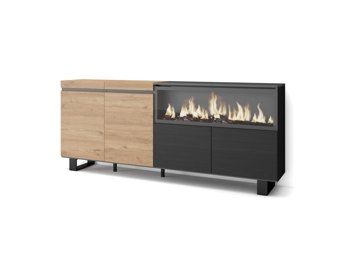 Aparadores para salón, 210, 4 Puertas, Chimenea eléctrica XXL, Diseño industrial, Roble y negro SKRAUT HOME