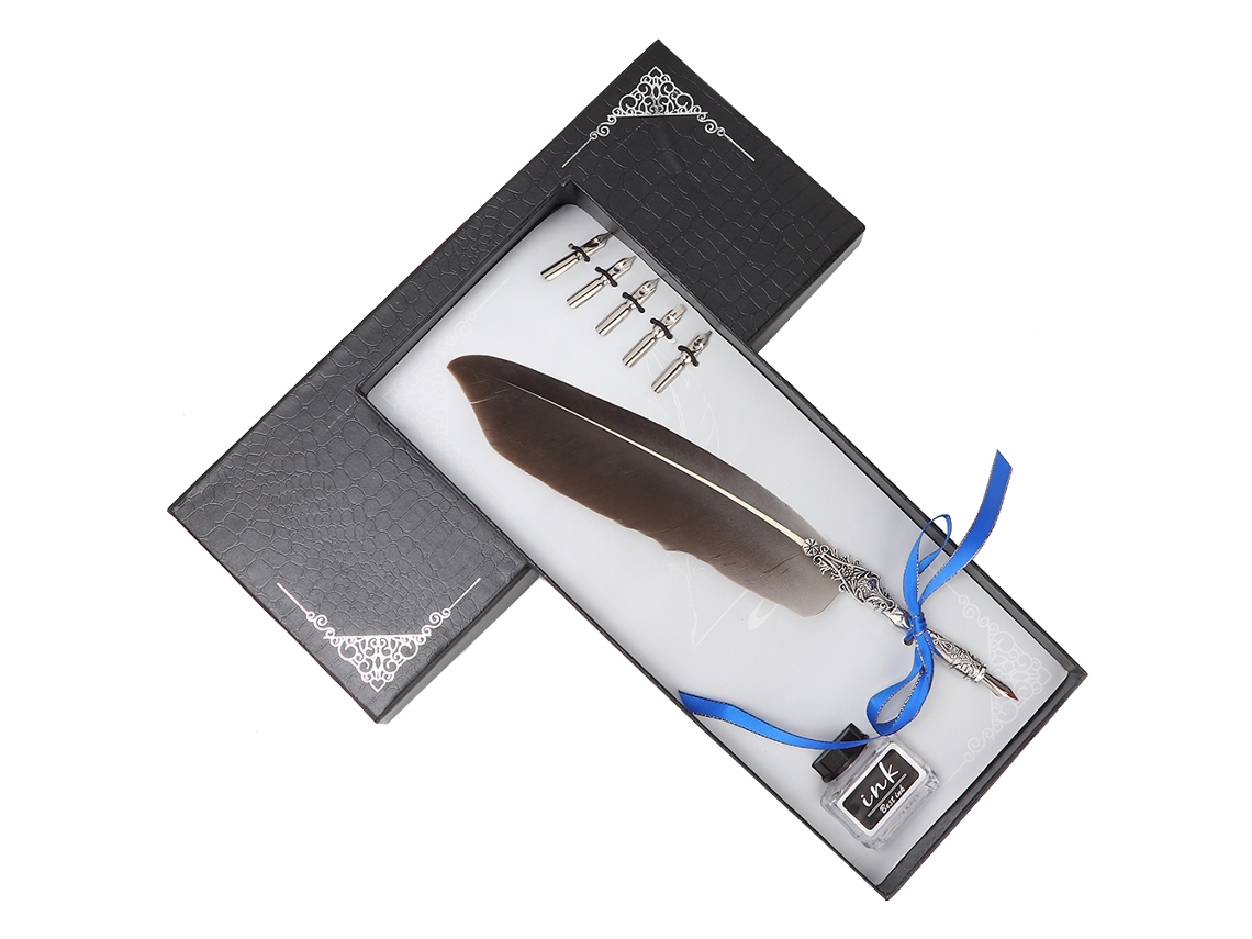 Juego de regalo de pluma estilográfica clásica vintage gris con pluma de ave