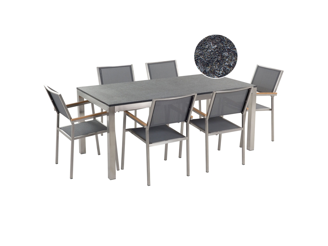 Conjunto de jardín mesa con tablero de piedra natural pulida negra 180 cm, 6 sillas de tela gris BELIANI Grosseto