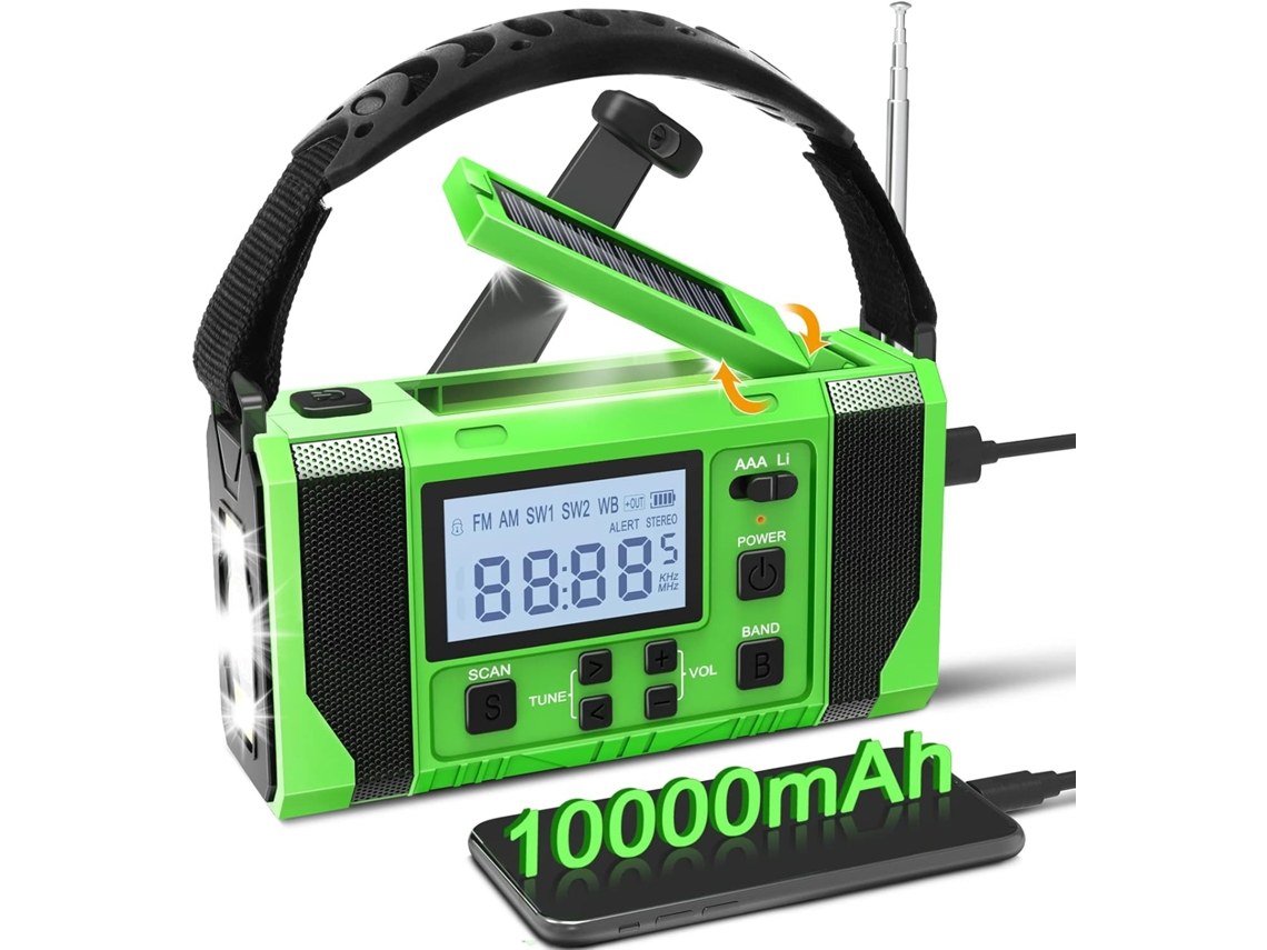 Radio solar con linterna y lámpara de lectura de 360°, 10000 mAh, radio meteorológica AM/FM/NOAA Eifson (verde)