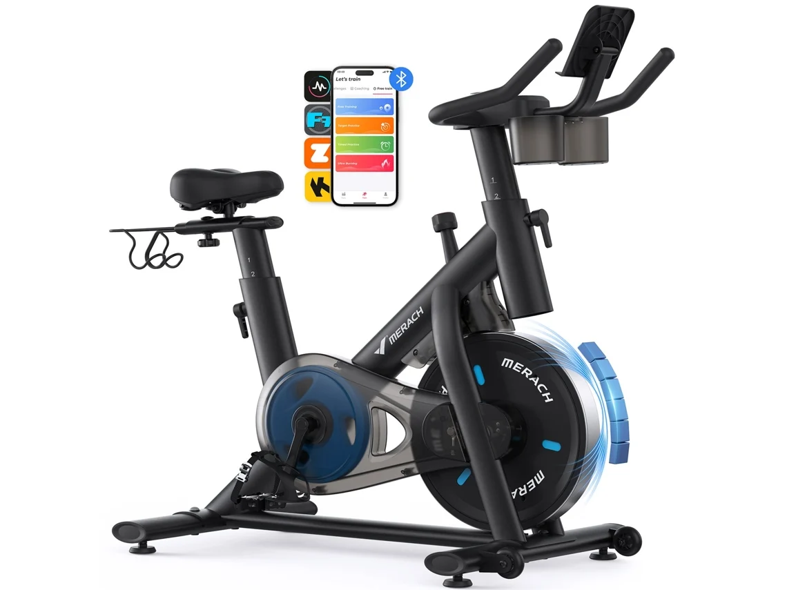 Bicicleta Estática Magnética MERACH, Bluetooth, LED, Aplicación Propia, 8 Niveles, Soporte Doble para Botellas, Manillar/Asiento Ajustables, Silenciosa