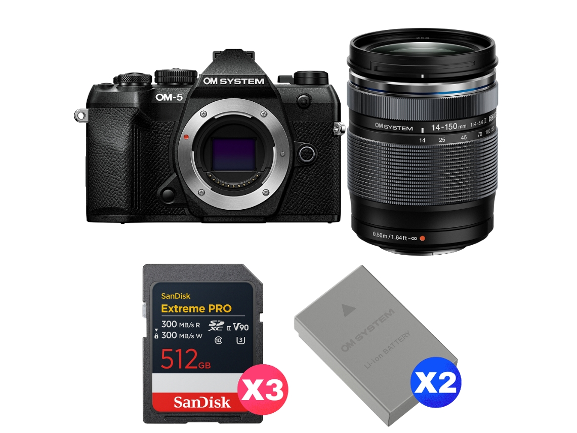 Om System Om-5 Mark Ii Negro + 14-150mm F/4-5.6 Ii + 3 Sandisk 512gb Extreme Pro Uhs-ii Sdxc + 2 Om System Bls-50 + Ebook Pricedirect