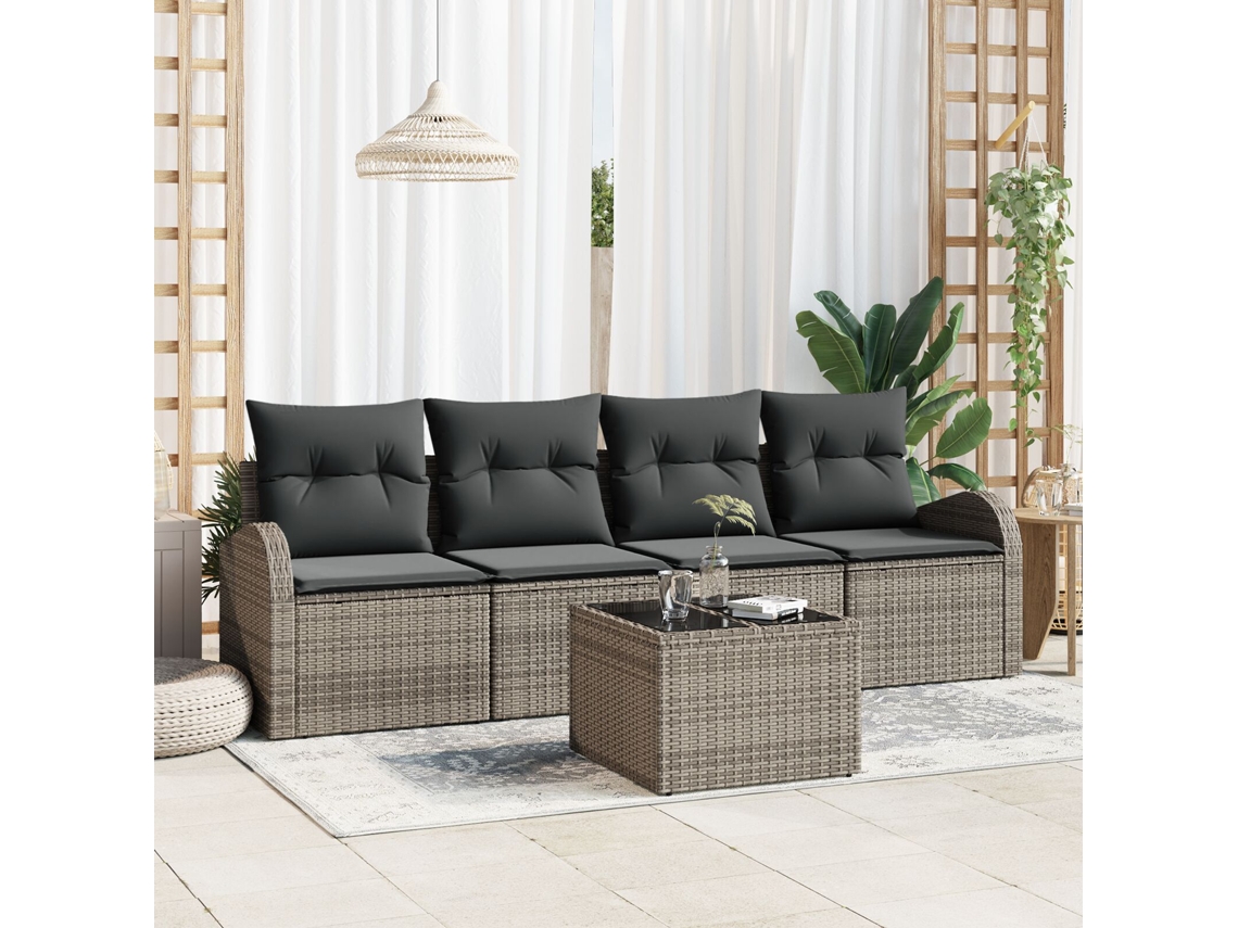 Conjunto de sofá de jardín de 5 piezas Lovely Home con cojines de polirratán gris
