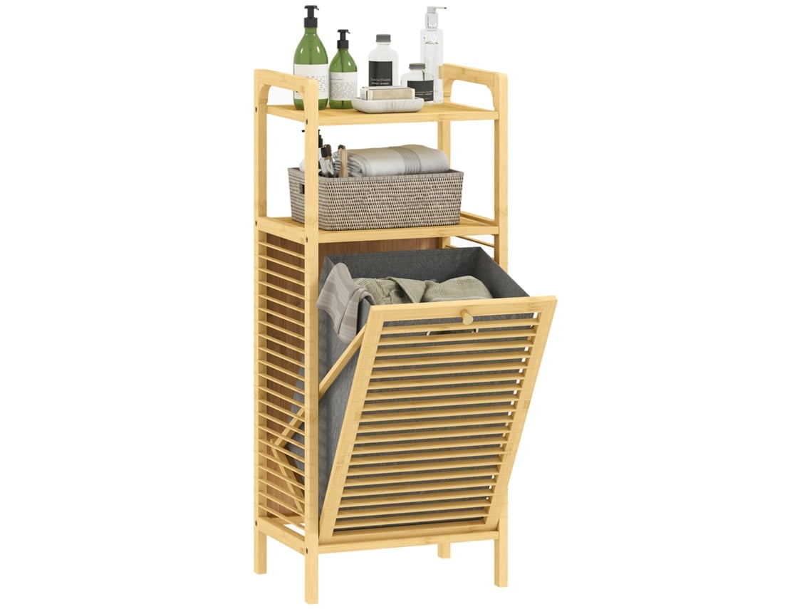 Armário Banheiro Bambu 2 Prateleiras Cesto Removível Ripado 40x30x95cm Natural