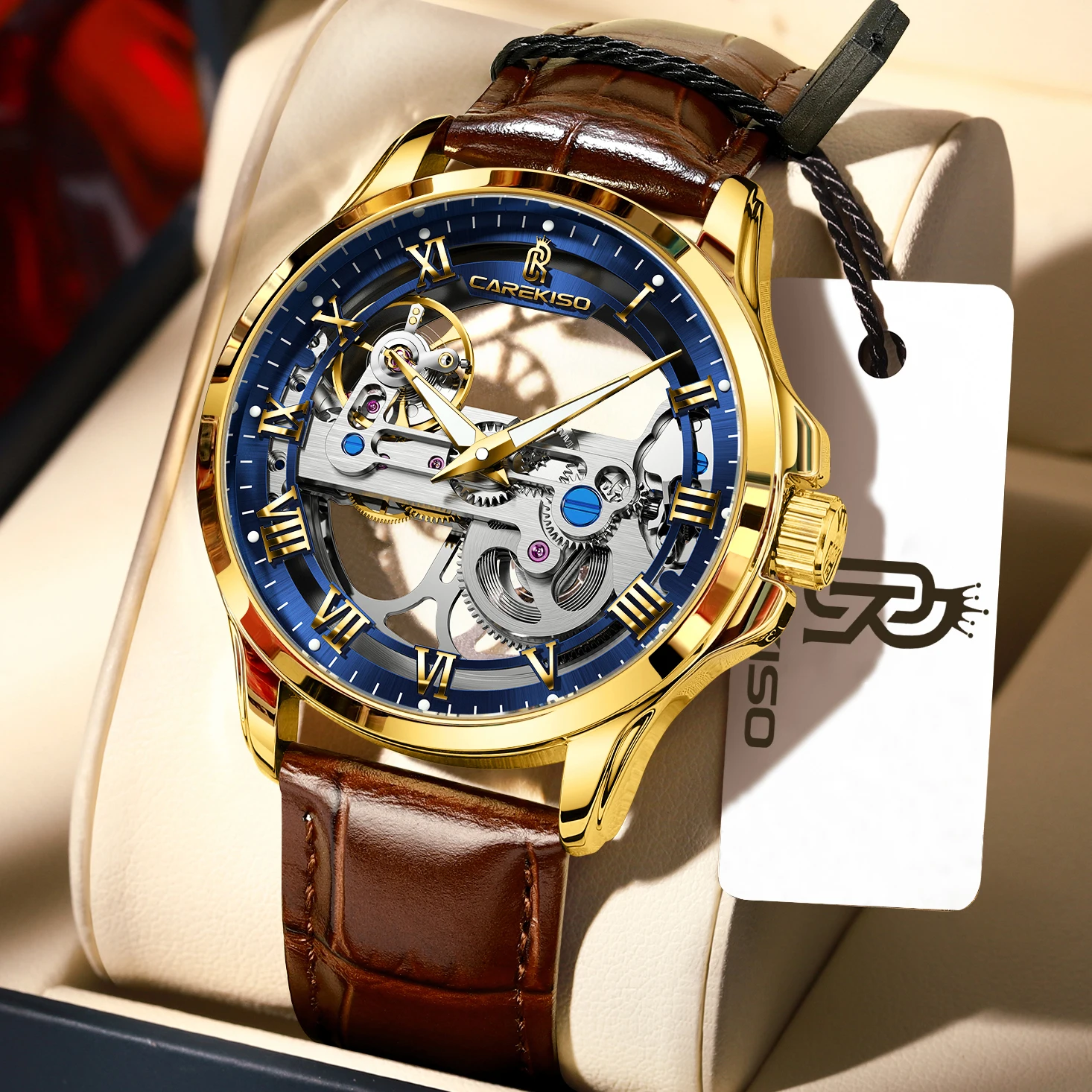 Reloj Mecánico De Caballero (caja Dorada, Esfera Azul) Con Correa De Cuero Genuino, Resistente Al Agua, Tourbillon Esqueletizado.