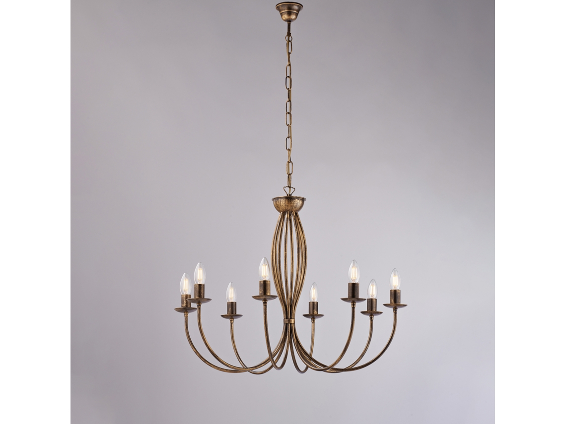 Lámpara de araña Botte de hierro lacado marrón con decoración. Oro antiguo. 8 luces. 120 cm. Ø74 cm. Bl147. 8 luces. Belight.