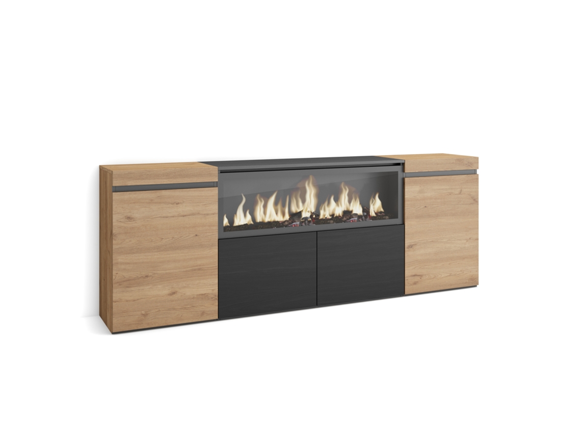 Aparador de Comedor | Salón, Cocina, Entrada, TV | 210 | 4 Puertas | Chimenea Eléctrica XXL | Roble y Negro | Duérmete Online