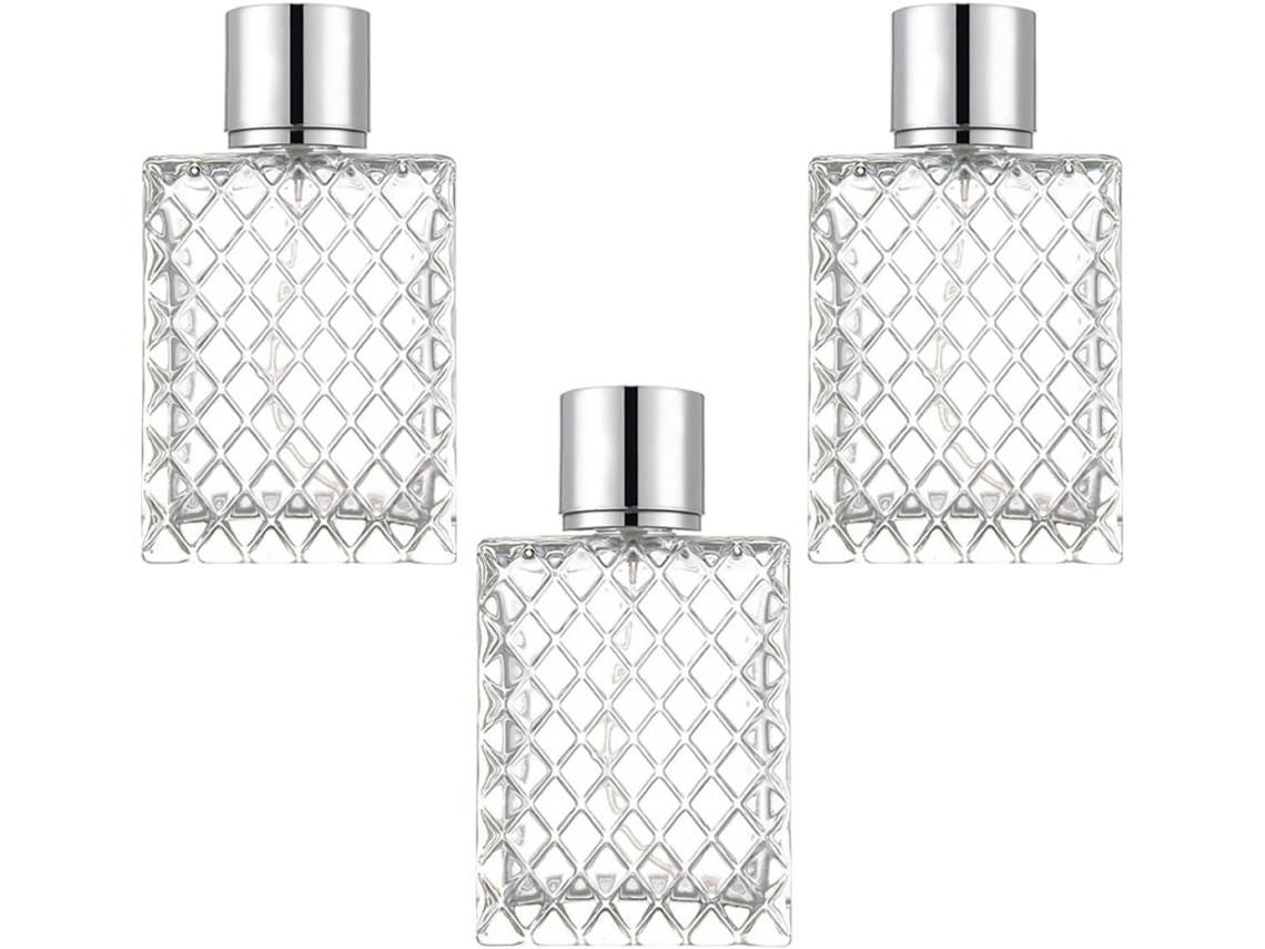De 3 Frascos De Vidro Quadrados Com Spray, 100ml, Transparentes E Recarregáveis, Difusores.