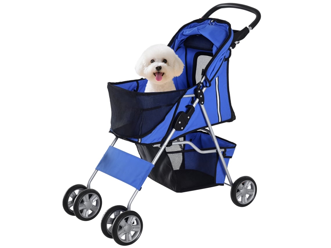 Carrinho Cães Capota Ajustável Cesto Porta-copos 2 Rodas 75x45x97 Azul