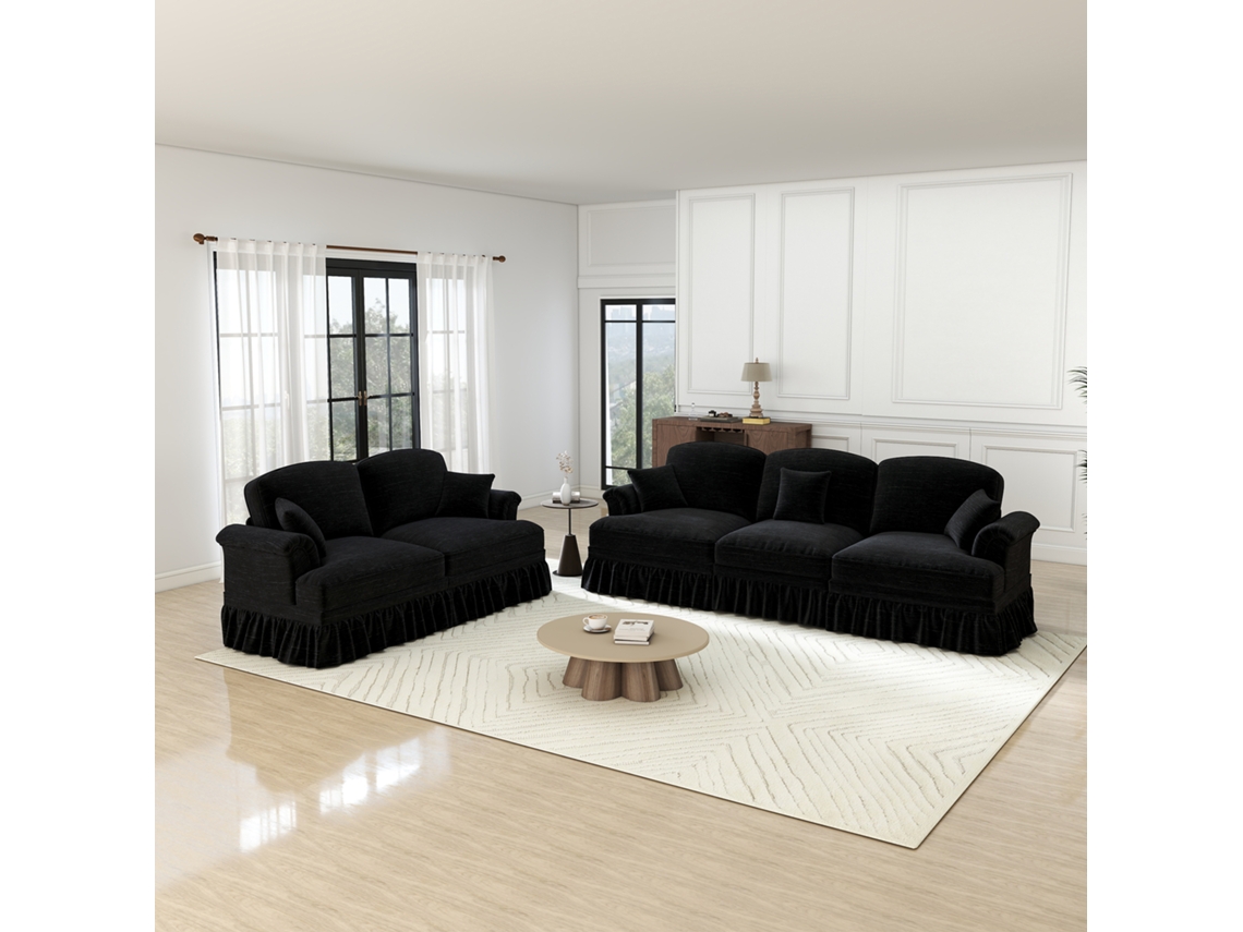 Sofá Modular 2 Piezas - 5 Plazas, Chenilla, Brazos Cónicos, Faldón Extraíble, Patas Torneadas - Negro