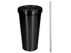 Taza De Agua Portátil De Acero Inoxidable Con Tapa Y Pajita Para Viajes Y Playa, 500 Ml, Negra.