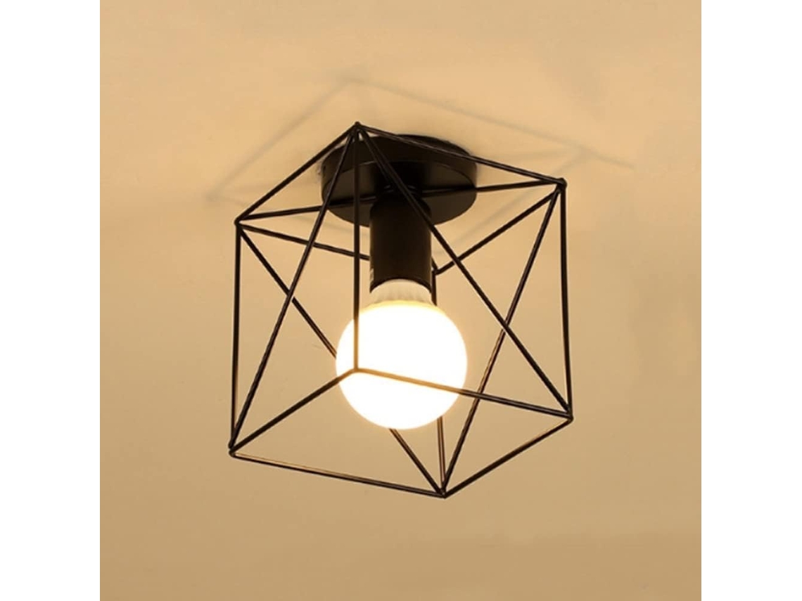 Lámpara de techo industrial retro metálica, diseño geométrico con jaula, E27, para sala, dormitorio, café o restaurante (negro) KOFIHETY