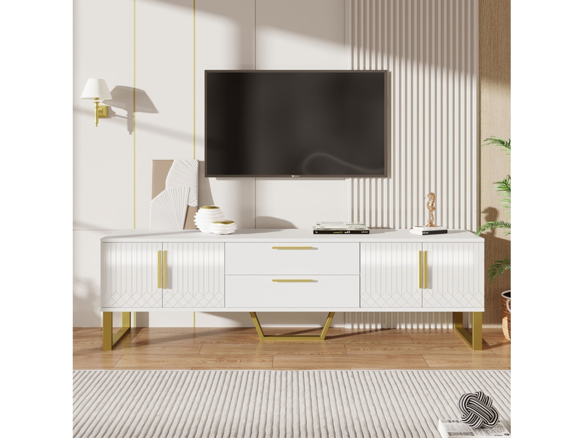 Mueble para TV KOMHTOM, 170x40x53,5 cm, 4 puertas grabadas, amplio espacio de almacenamiento, patas doradas, blancas y doradas.