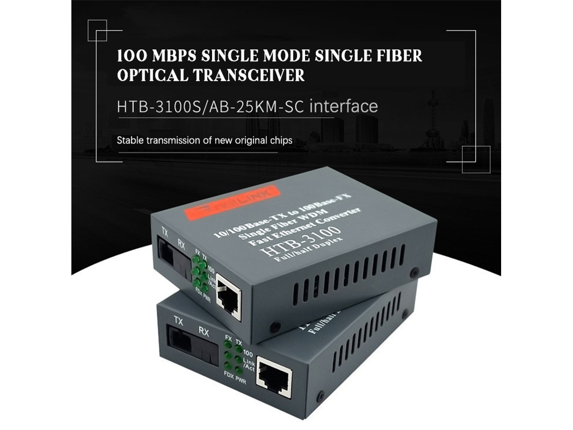 Receptor Transmissor Fibra Óptica 100m Transceiver Interface Rj45 Htb-3100-ab-25km