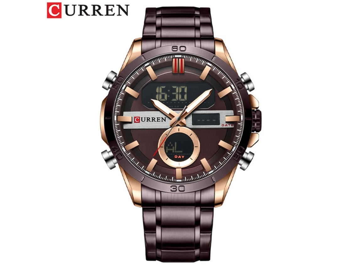 Reloj Multifuncional Para Hombre (marrón Café) Con Movimiento De Doble Pantalla, Fecha Luminosa Y Correa De Acero Inoxidable.