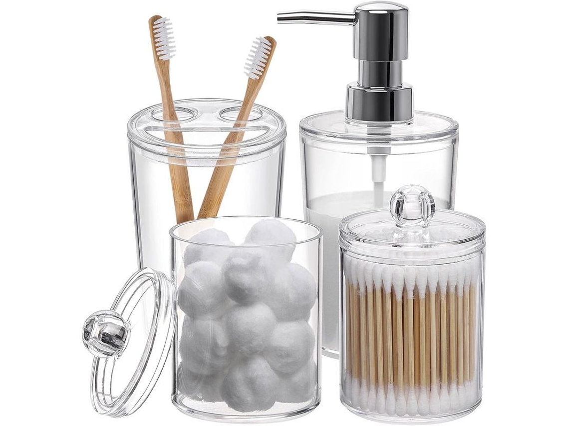 2026-set De Accesorios De Baño Plástico Transparente 4 Piezas: Dispensador De Jabón, Tarros Y Portacepillos
