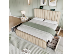 Cama Doble Color Beige, 140x200 Cm, Ribete Dorado, 4 Cajones, Elegante.