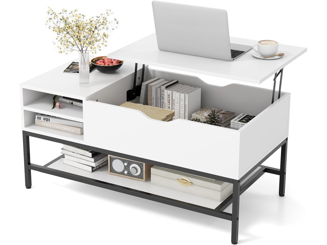 Mesa de Centro Elevable, Mesa de Café con Compartimento Oculto y Estante de Almacenamiento Extraíble, y Estante Inferior (Blanco) COSTWAY