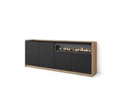 Aparador de comedor, 207x37x80cm, 4 puertas, chimenea eléctrica, negro y roble.