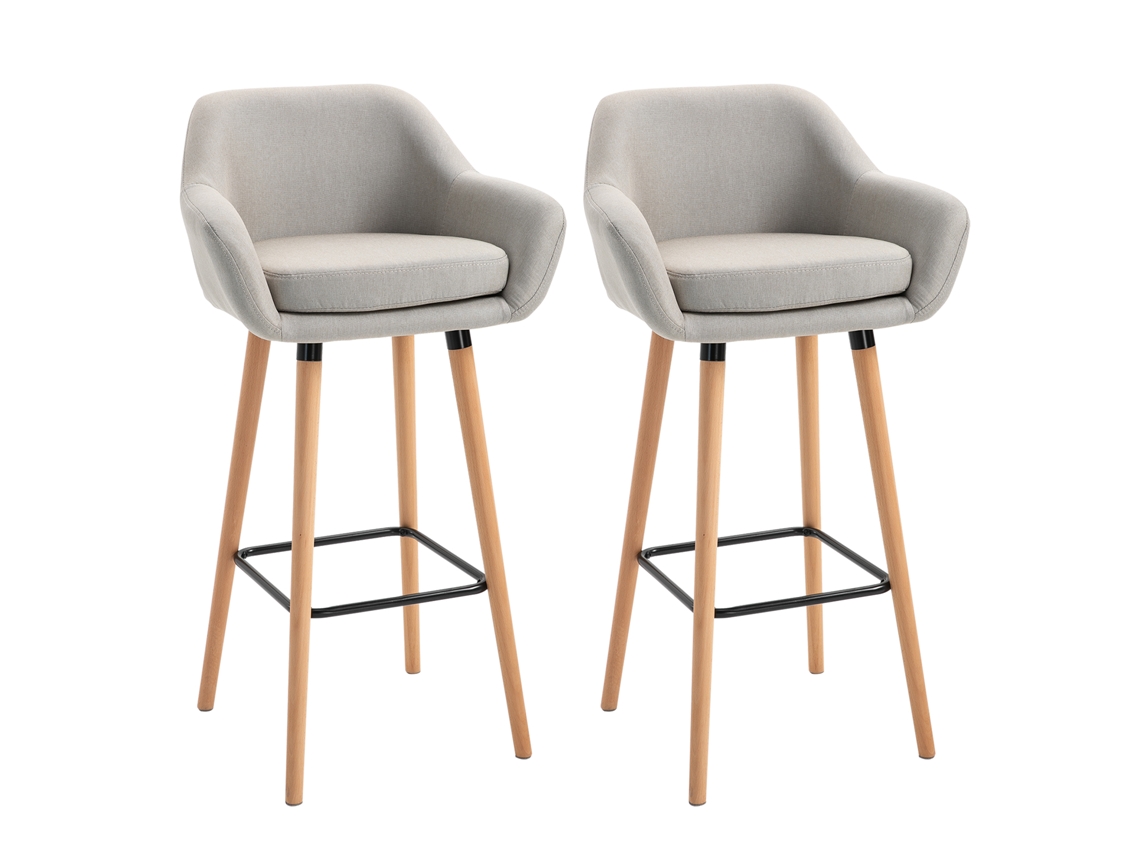 Taburetes de bar de diseño escandinavo, juego de 2. Taburetes de gran comodidad con reposapiés y reposabrazos. Madera maciza y lino beige.