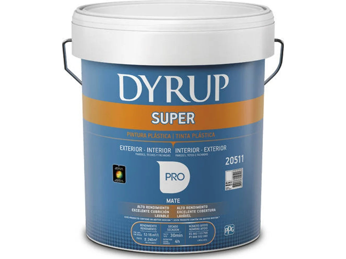 Pintura Acuosa Súper DYRUP Para Fachadas, Paredes y Techos Interiores (Blanco - 5 L)