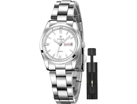VEANXIN Relojes de pulsera impermeables con correa de malla de acero inoxidable para mujer-Blanco