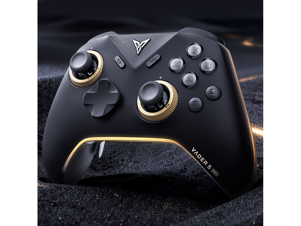 Mando de juegos Flydigi Vader5 Pro con tres modos: palanca de fuerza ajustable, joystick con gatillo seleccionable y mando ergonómico. Base negra.