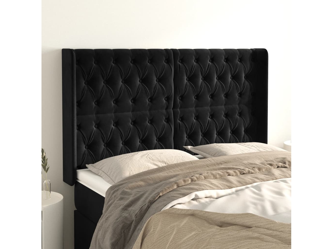 Cabecero Con Orejas De Terciopelo Negro 147x16x118/128 Cm