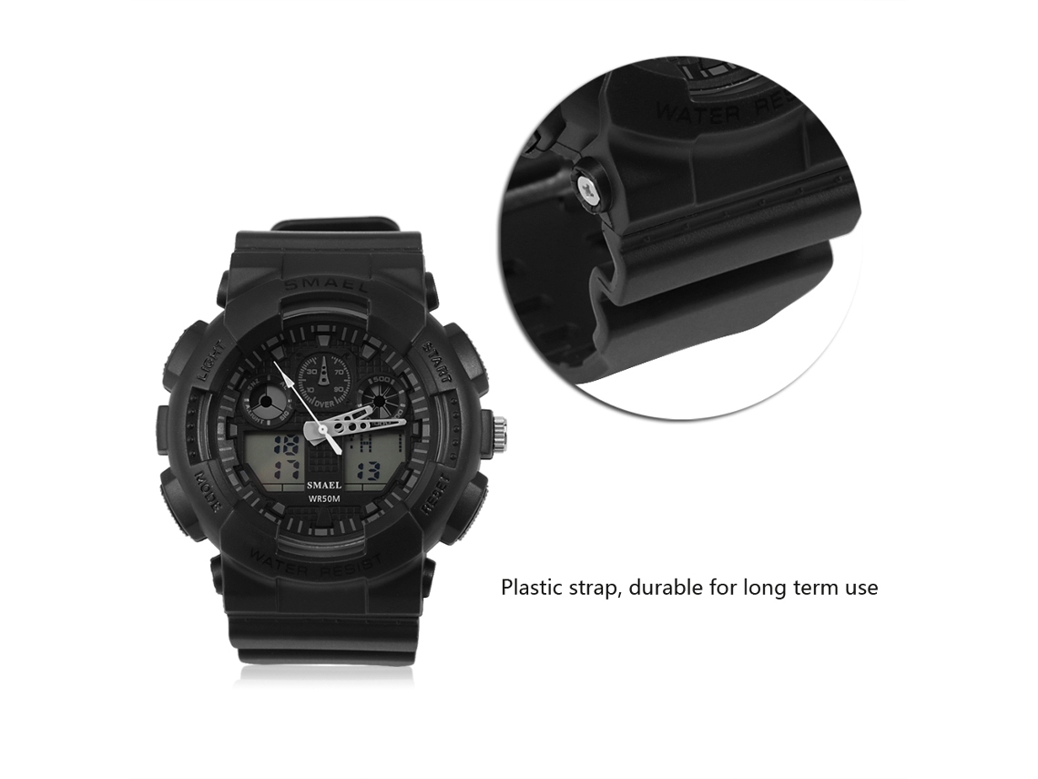 Reloj deportivo Smael, analógico y digital, doble pantalla LED, correa de plástico gris oscuro.