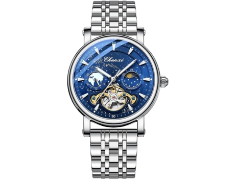 VEANXIN Reloj de pulsera mecánico con cuerda automática y fase lunar, resistente al agua, con correa de cuero-Marrón Azul