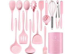 Juego de utensilios de cocina de silicona, aptos para sartenes antiadherentes, 15 piezas. Rosa. Siurn (sin BPA).