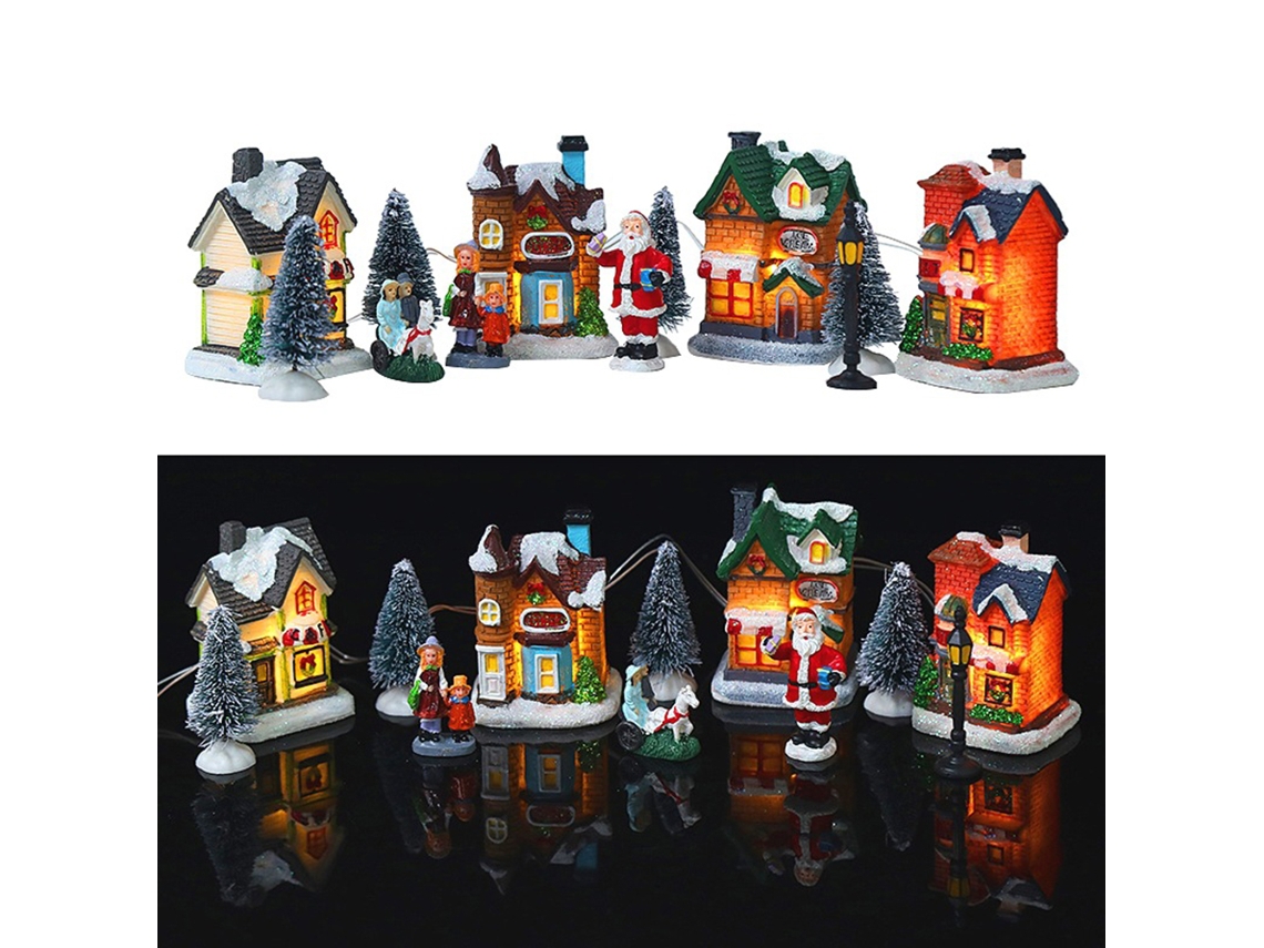 Conjunto De Aldea Navideña Con Casitas Miniatura Iluminadas Con Led - Regalo De Resina - Decoración Navideña