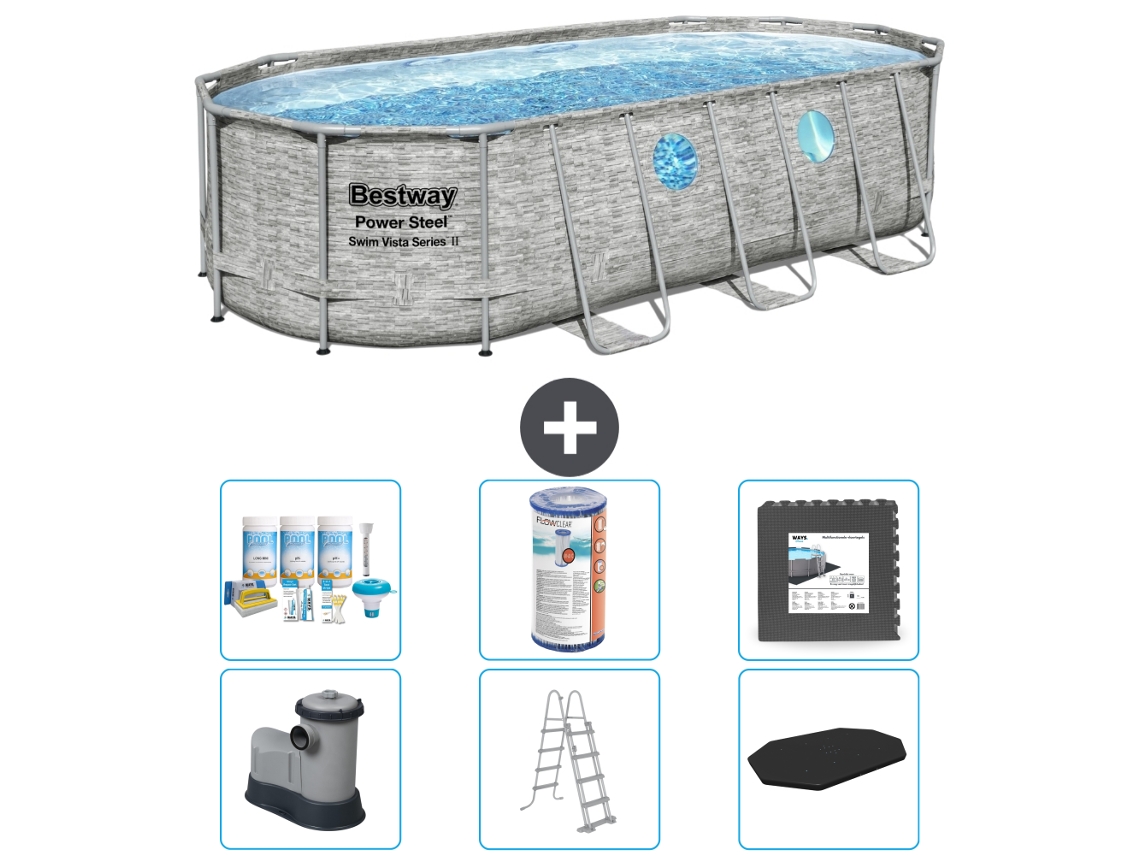 Piscina BESTWAY Oval Power Steel Swim Vista - Estampado Piedra - 549 x 274 x 122 - Incluye Bomba - Escalera - Cobertor Accesorios CB31