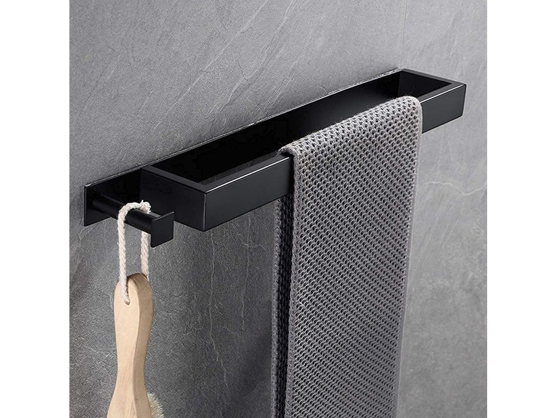 Toallero Con Gancho Autoadhesivo, No Requiere Taladrar, Acero Inoxidable, Negro, 40 Cm, Baño, Cocina.