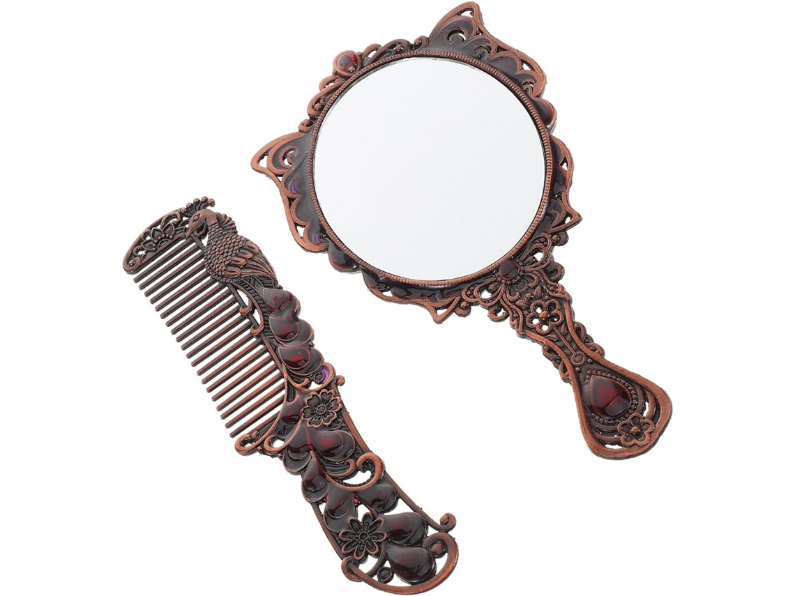 Conjunto Espejo A Main Vintage Rouge Antique Avec Poignée, Peigne Métallique Compacto, Accessoire De