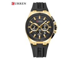 Reloj De Hombre, Seis Agujas, Cronógrafo De Cuarzo, Deportivo (correa Negra, Caja Dorada, Esfera Negra).