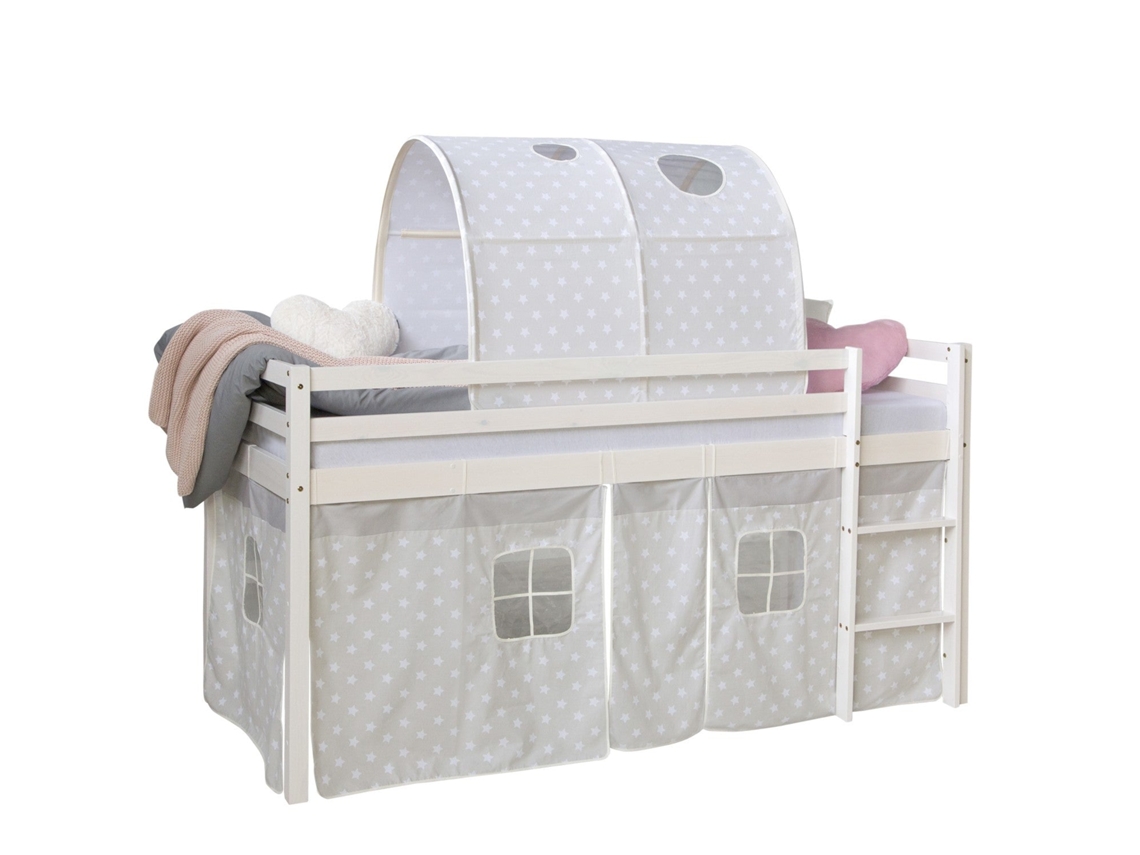 Cama Alta De 90x200cm Con Escalera De Madera Blanca Tela De Estrellas Grises Y Túnel Lit06184