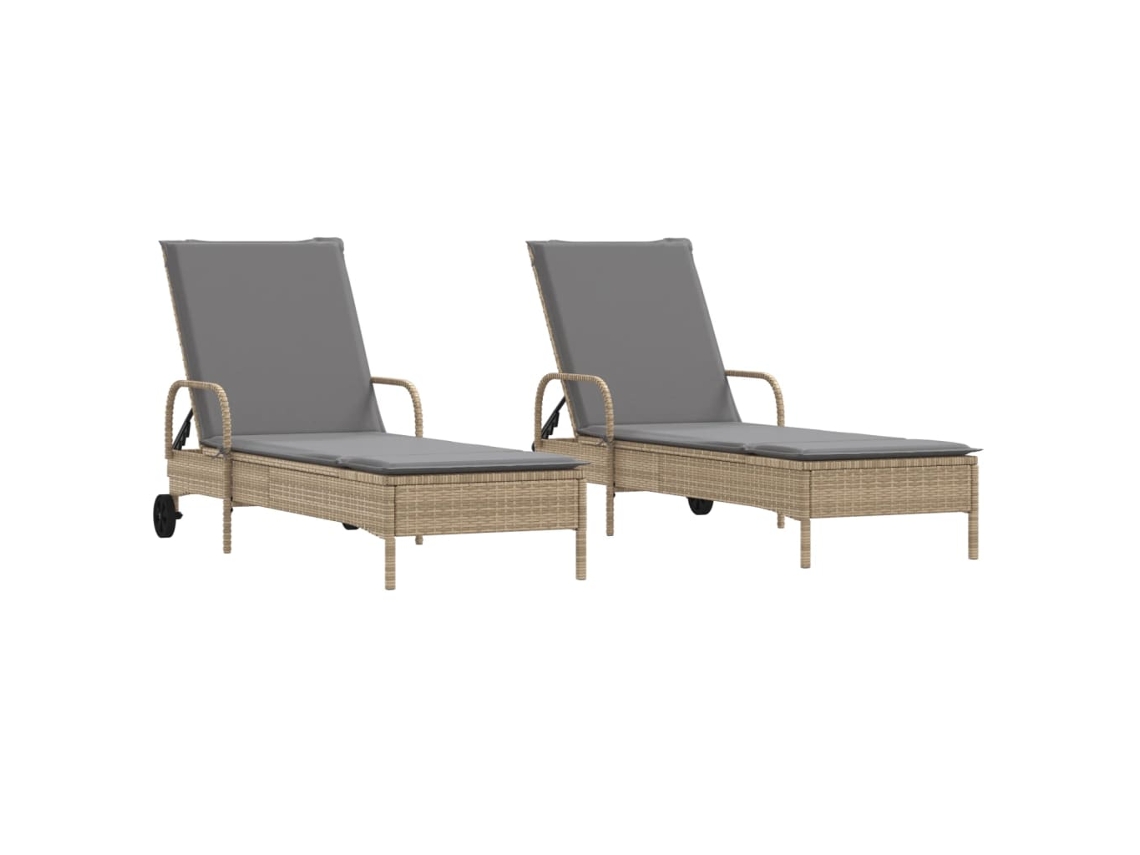 Tumbonas con cojines, 2 piezas, mimbre, beige, MAISON EXCLUSIVE