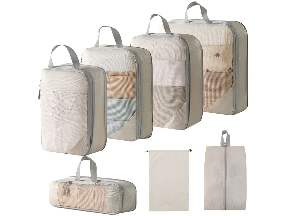 Conjunto De Bolsas Organizadoras Para Malas, Com Bolsas Com Cordão E Bolsas Para Sapatos, Pacote Com 7 Chrui (bege)