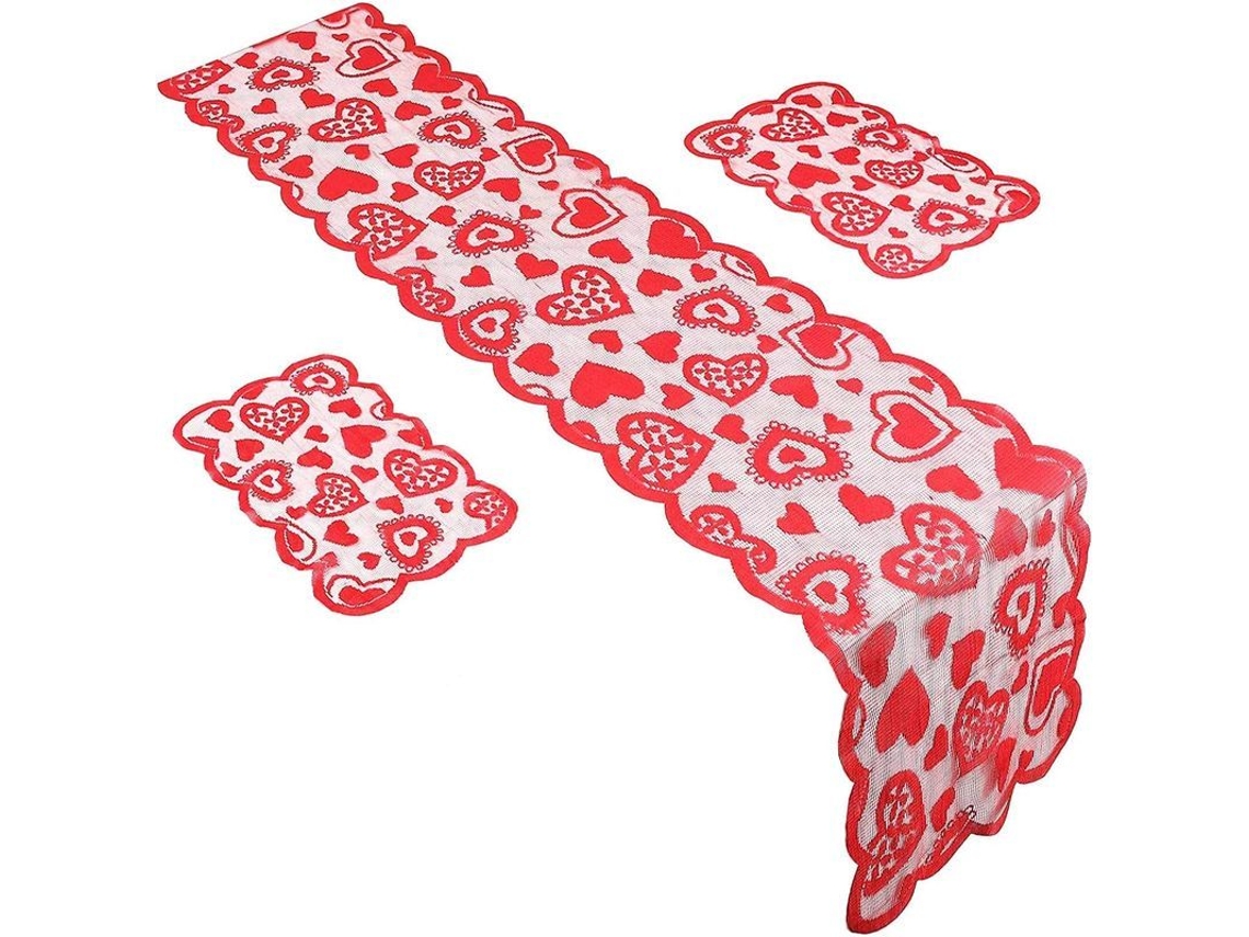 Camino De Mesa Y Paños De Cocina Con Forma De Corazón Para El Día De San Valentín, Decoración De Mesa Roja.