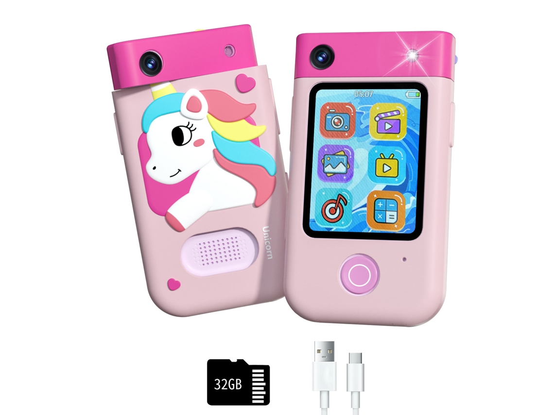 Cámara digital Eifson de 2.8" con pantalla táctil y cámara giratoria, tarjeta SD de 32 GB (Unicornio rosa)