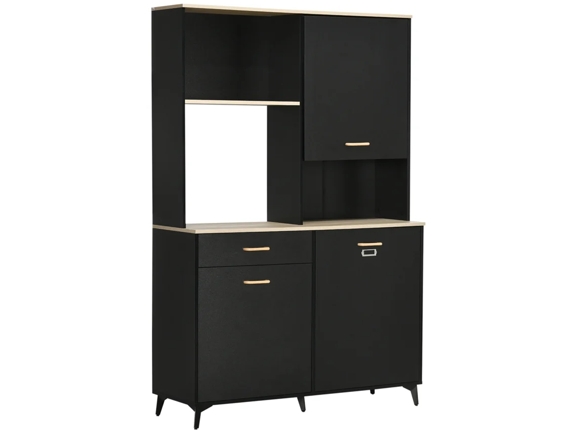 Mueble de cocina con 1 cajón, 3 puertas y espacio de almacenamiento abierto, estilo moderno, 119x41x180cm, negro, ZENCORE SERVICES