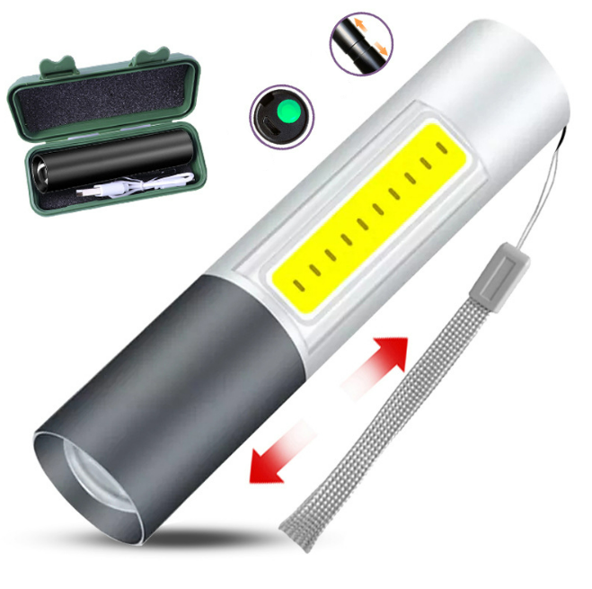 Linterna recargable, luz de flash LED pequeña superbrillante, con zoom, brillo ajustable, larga duración para acampar, al aire libre (plateado) CHR...