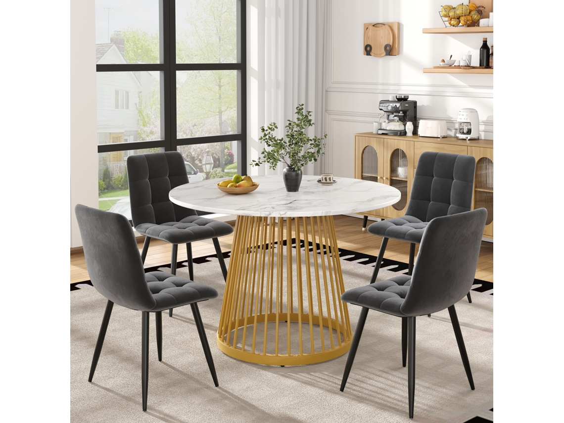 Mesa Redonda 80cm 4 Sillas Terciopelo Gris Oscuro Dorado