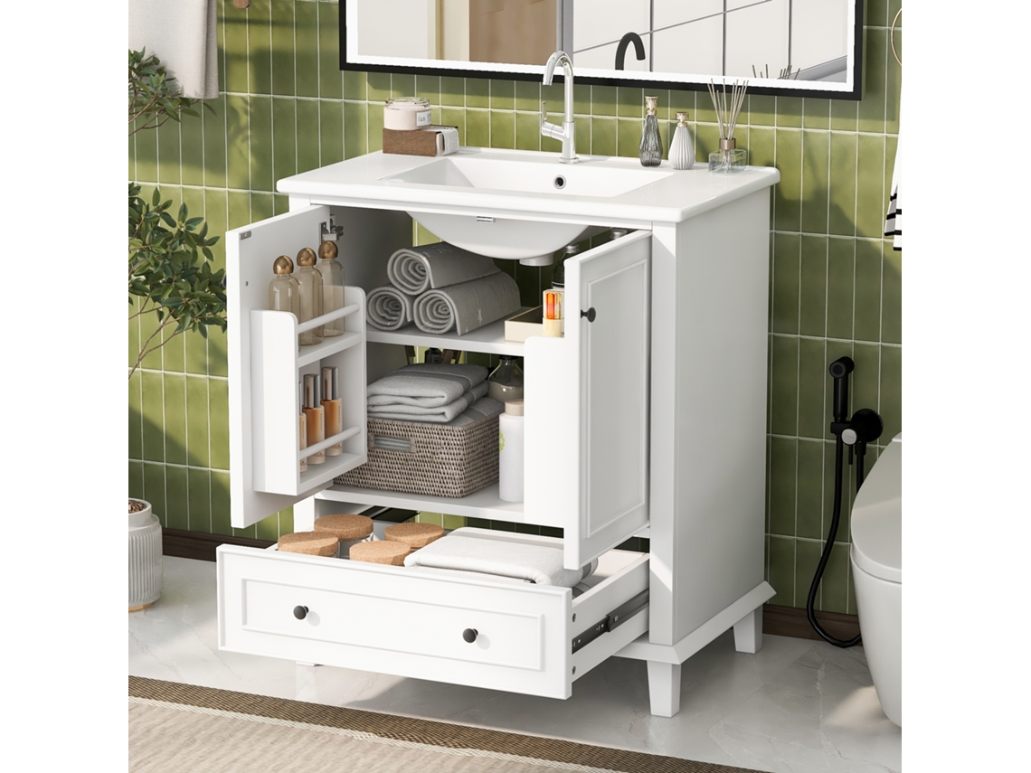Mueble de baño, 76x46x87 cm, con lavabo de cerámica integrado, patas de madera maciza, blanco, BGA STORE