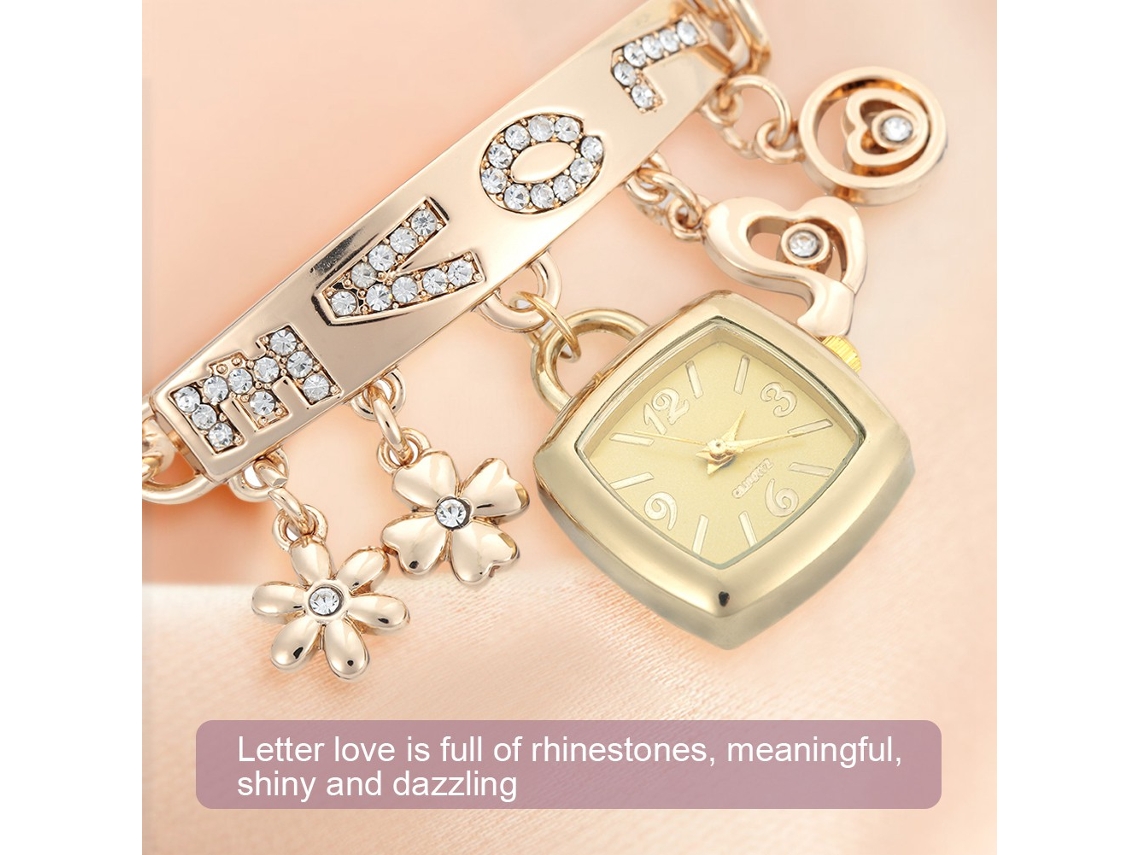 Reloj De Pulsera De Cuarzo Para Mujer Con Diamantes De Imitación, Letra De Amor, Flor, Corazón, Aleación De Oro.