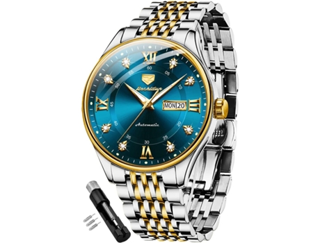 VEANXIN Reloj automático de acero inoxidable resistente al agua con calendario luminoso para hombre(esfera azul)